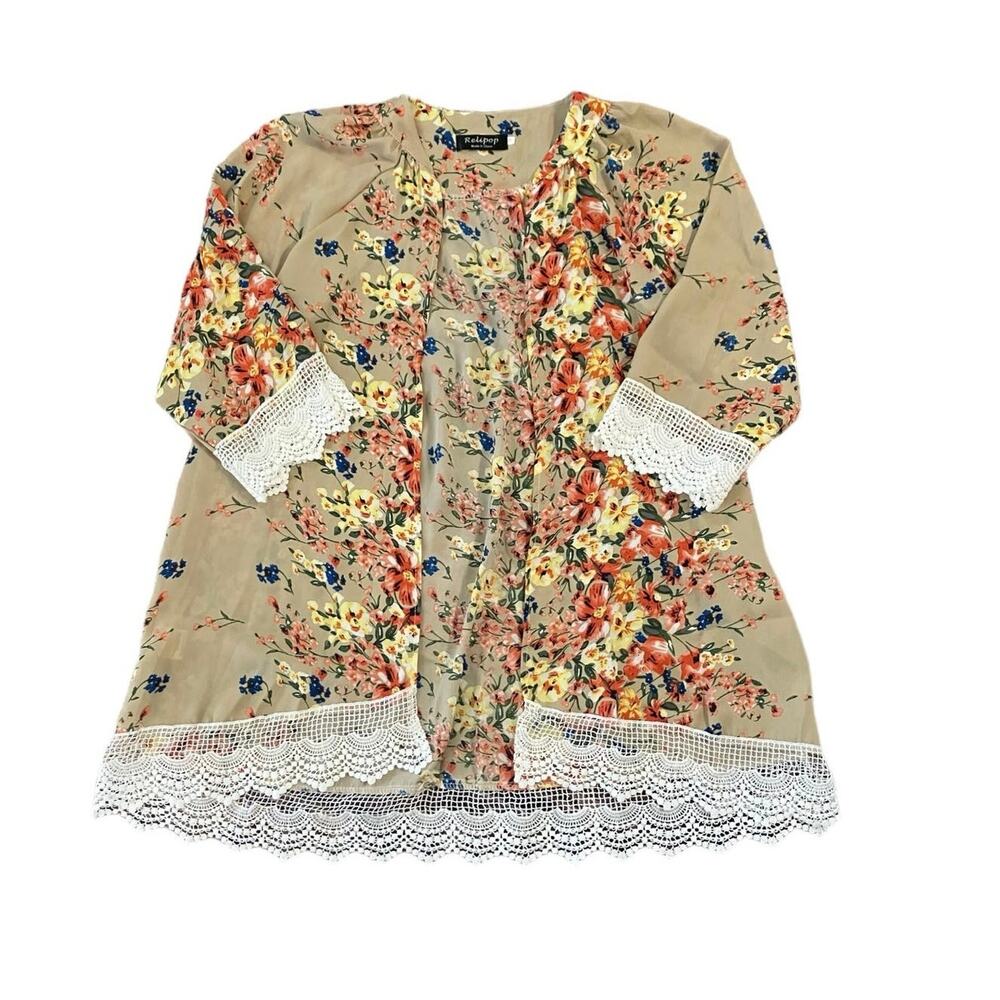 Relipop Women's Tan Floral Print Open-Front Duster/Kimono/Wrap/Coverup | Size M - Picture 8 of 12